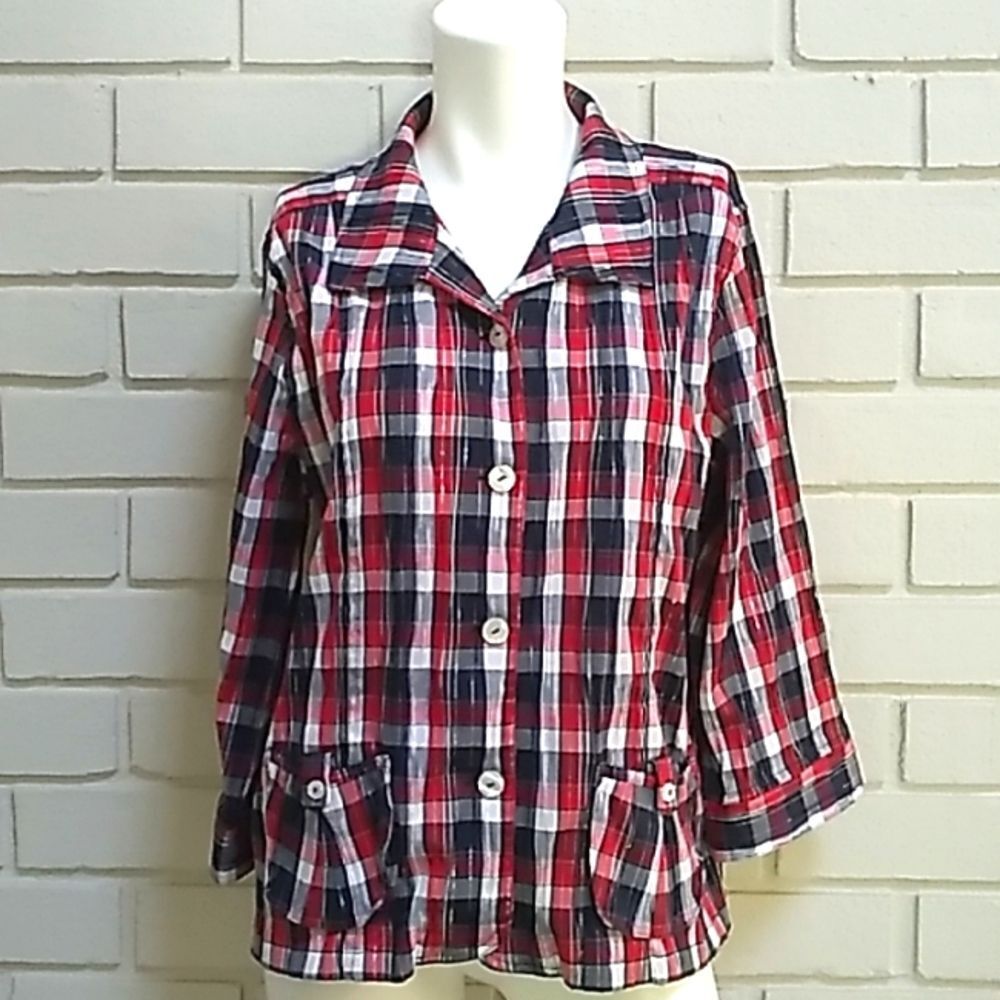 Christopher & Banks Stretch Plaid Button Down Blouse. Size Large. NWOT